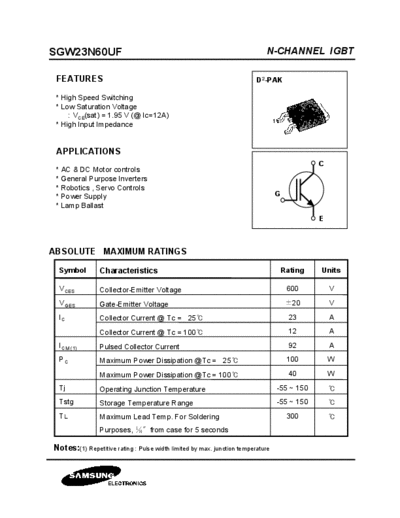 . Electronic Components Datasheets sgw23n60uf  . Electronic Components Datasheets Active components Transistors Samsung sgw23n60uf.pdf