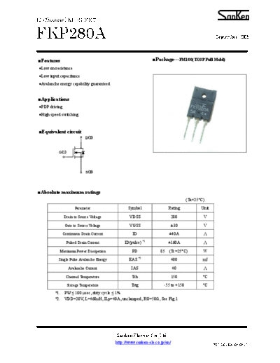 Sanken fkp280a  . Electronic Components Datasheets Active components Transistors Sanken fkp280a.pdf