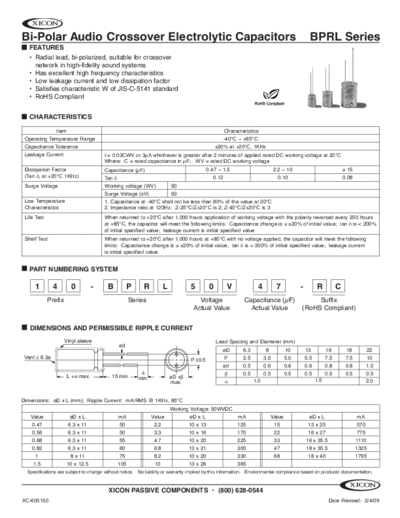 Xicon [bi-polar radial] BPRL Series  . Electronic Components Datasheets Passive components capacitors Xicon Xicon [bi-polar radial] BPRL Series.pdf