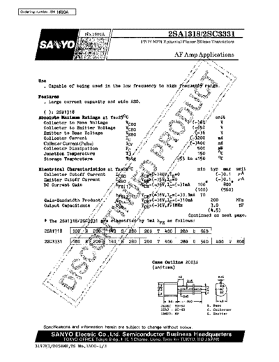 Sanyo 2sa1318  . Electronic Components Datasheets Active components Transistors Sanyo 2sa1318.pdf