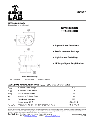 Semelab 2n1617  . Electronic Components Datasheets Active components Transistors Semelab 2n1617.pdf