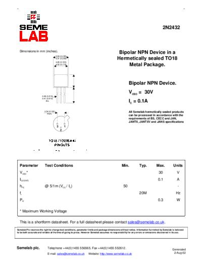 . Electronic Components Datasheets 2n2432  . Electronic Components Datasheets Active components Transistors Semelab 2n2432.pdf