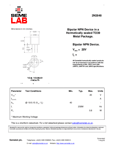 Semelab 2n2848  . Electronic Components Datasheets Active components Transistors Semelab 2n2848.pdf