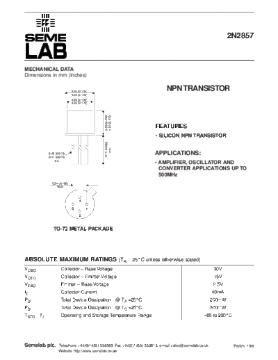 Semelab 2n2857  . Electronic Components Datasheets Active components Transistors Semelab 2n2857.pdf