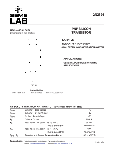Semelab 2n2894  . Electronic Components Datasheets Active components Transistors Semelab 2n2894.pdf