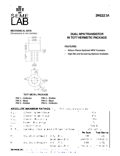 Semelab 2n2223a  . Electronic Components Datasheets Active components Transistors Semelab 2n2223a.pdf