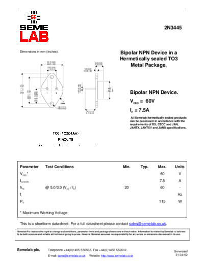 Semelab 2n3445  . Electronic Components Datasheets Active components Transistors Semelab 2n3445.pdf