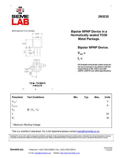 Semelab 2n3535  . Electronic Components Datasheets Active components Transistors Semelab 2n3535.pdf