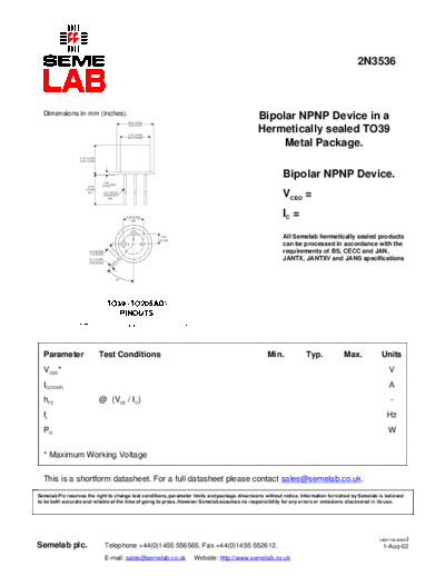 Semelab 2n3536  . Electronic Components Datasheets Active components Transistors Semelab 2n3536.pdf