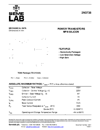 Semelab 2n3738  . Electronic Components Datasheets Active components Transistors Semelab 2n3738.pdf