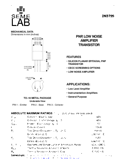. Electronic Components Datasheets 2n3799  . Electronic Components Datasheets Active components Transistors Semelab 2n3799.pdf