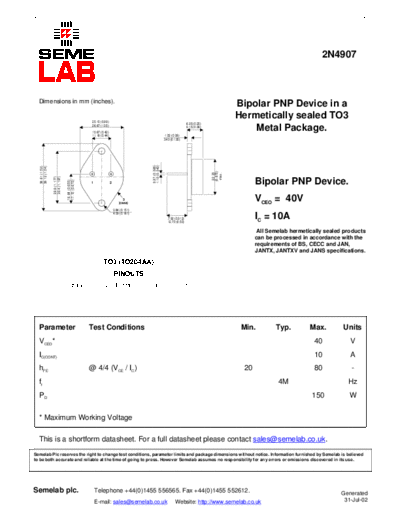 Semelab 2n4907  . Electronic Components Datasheets Active components Transistors Semelab 2n4907.pdf