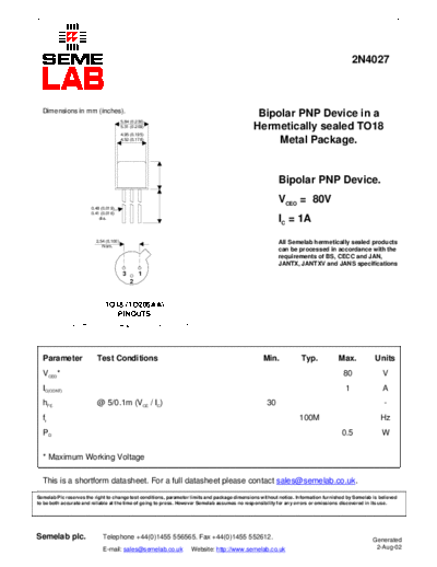 Semelab 2n4027  . Electronic Components Datasheets Active components Transistors Semelab 2n4027.pdf