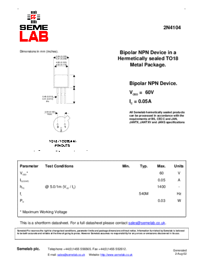 Semelab 2n4104  . Electronic Components Datasheets Active components Transistors Semelab 2n4104.pdf