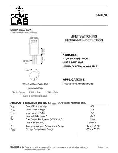 . Electronic Components Datasheets 2n4391  . Electronic Components Datasheets Active components Transistors Semelab 2n4391.pdf