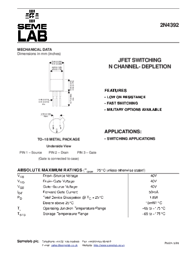 Semelab 2n4392  . Electronic Components Datasheets Active components Transistors Semelab 2n4392.pdf