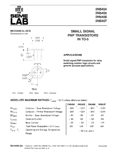 Semelab 2n5404 2n5405 2n5406 2n5407  . Electronic Components Datasheets Active components Transistors Semelab 2n5404_2n5405_2n5406_2n5407.pdf