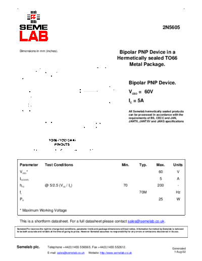 Semelab 2n5605  . Electronic Components Datasheets Active components Transistors Semelab 2n5605.pdf