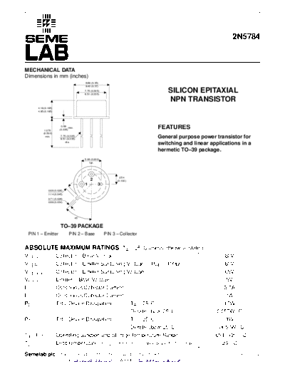 Semelab 2n5784  . Electronic Components Datasheets Active components Transistors Semelab 2n5784.pdf