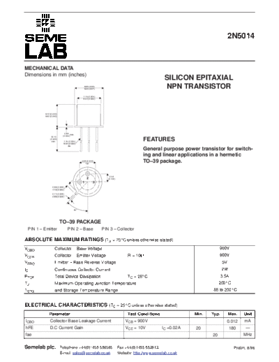 Semelab 2n5014  . Electronic Components Datasheets Active components Transistors Semelab 2n5014.pdf