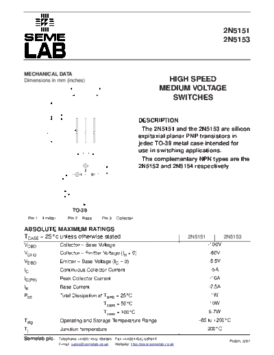 Semelab 2n5151 2n5153  . Electronic Components Datasheets Active components Transistors Semelab 2n5151_2n5153.pdf