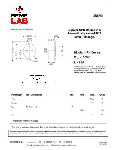 Semelab 2n6754  . Electronic Components Datasheets Active components Transistors Semelab 2n6754.pdf