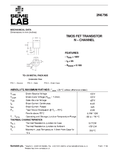 Semelab 2n6796  . Electronic Components Datasheets Active components Transistors Semelab 2n6796.pdf