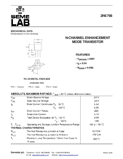 Semelab 2n6798  . Electronic Components Datasheets Active components Transistors Semelab 2n6798.pdf