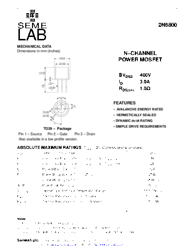Semelab 2n6800  . Electronic Components Datasheets Active components Transistors Semelab 2n6800.pdf