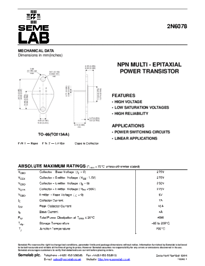 Semelab 2n6078  . Electronic Components Datasheets Active components Transistors Semelab 2n6078.pdf