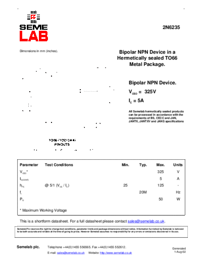 . Electronic Components Datasheets 2n6235  . Electronic Components Datasheets Active components Transistors Semelab 2n6235.pdf