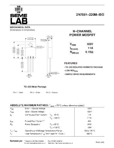 . Electronic Components Datasheets 2n7081  . Electronic Components Datasheets Active components Transistors Semelab 2n7081.pdf