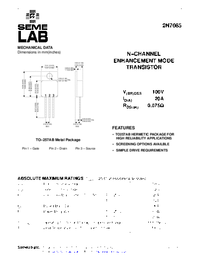 Semelab 2n7085  . Electronic Components Datasheets Active components Transistors Semelab 2n7085.pdf