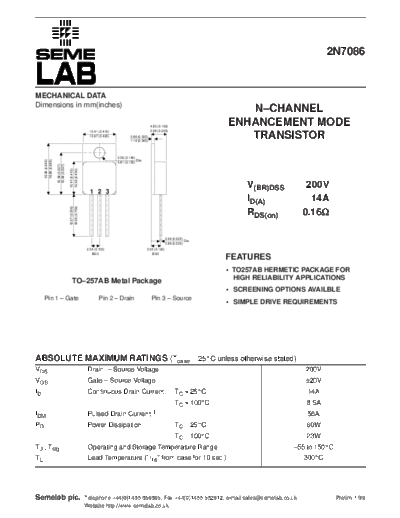 Semelab 2n7086  . Electronic Components Datasheets Active components Transistors Semelab 2n7086.pdf