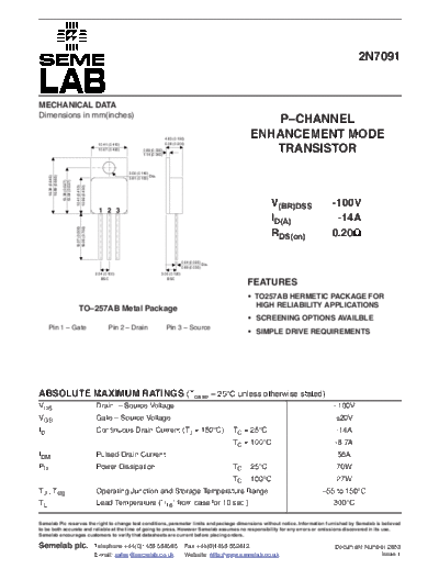 Semelab 2n7091  . Electronic Components Datasheets Active components Transistors Semelab 2n7091.pdf