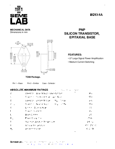 Semelab bdx14a  . Electronic Components Datasheets Active components Transistors Semelab bdx14a.pdf