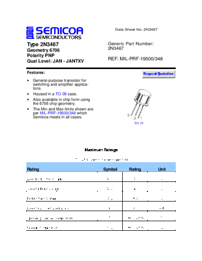 Semicoa 2n3467  . Electronic Components Datasheets Active components Transistors Semicoa 2n3467.pdf