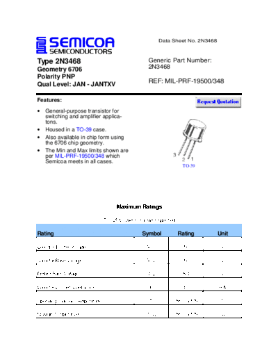 Semicoa 2n3468  . Electronic Components Datasheets Active components Transistors Semicoa 2n3468.pdf