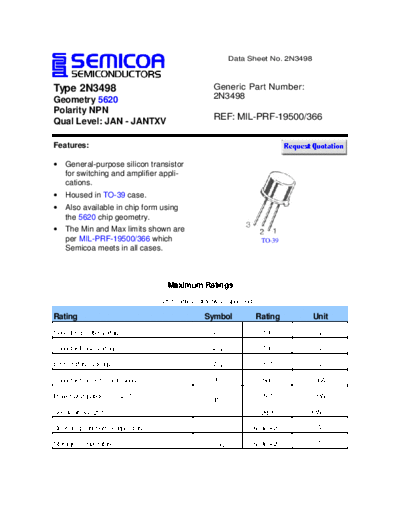 Semicoa 2n3497  . Electronic Components Datasheets Active components Transistors Semicoa 2n3497.pdf