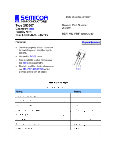 Semicoa 2n3507  . Electronic Components Datasheets Active components Transistors Semicoa 2n3507.pdf