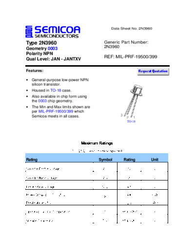 Semicoa 2n3960  . Electronic Components Datasheets Active components Transistors Semicoa 2n3960.pdf