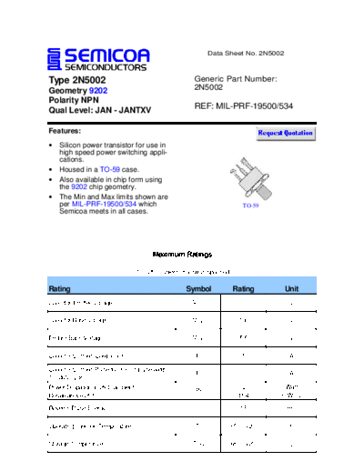 Semicoa 2n5002  . Electronic Components Datasheets Active components Transistors Semicoa 2n5002.pdf