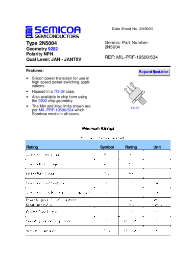 Semicoa 2n5004  . Electronic Components Datasheets Active components Transistors Semicoa 2n5004.pdf