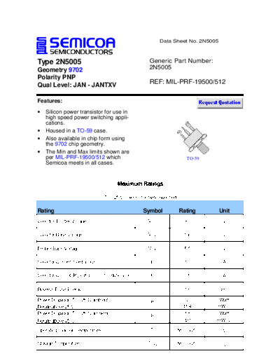 Semicoa 2n5005  . Electronic Components Datasheets Active components Transistors Semicoa 2n5005.pdf