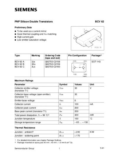 Siemens bcv62  . Electronic Components Datasheets Active components Transistors Siemens bcv62.pdf