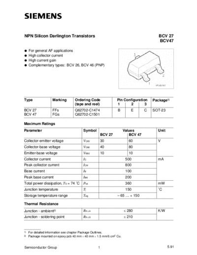 Siemens bcv27 bcv47  . Electronic Components Datasheets Active components Transistors Siemens bcv27_bcv47.pdf