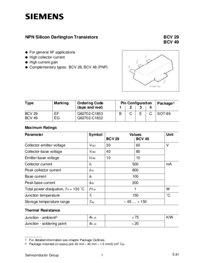 . Electronic Components Datasheets bcv29 bcv49  . Electronic Components Datasheets Active components Transistors Siemens bcv29_bcv49.pdf