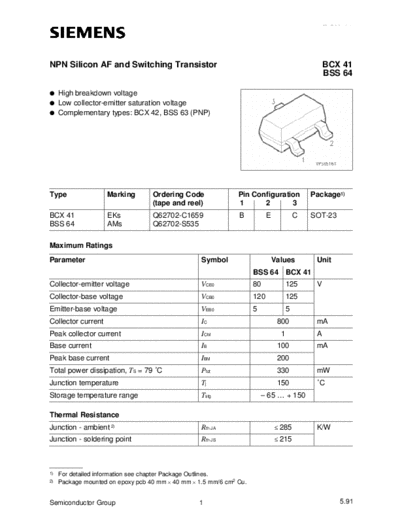 Siemens bcx41 bss64  . Electronic Components Datasheets Active components Transistors Siemens bcx41_bss64.pdf