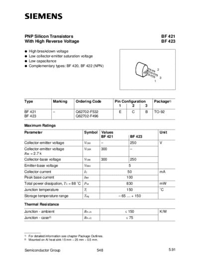 Siemens bf421 bf423  . Electronic Components Datasheets Active components Transistors Siemens bf421_bf423.pdf