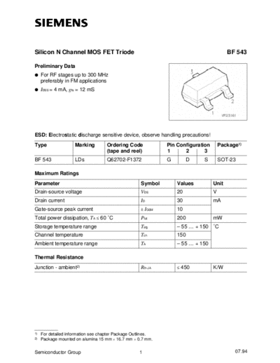 Siemens bf543  . Electronic Components Datasheets Active components Transistors Siemens bf543.pdf